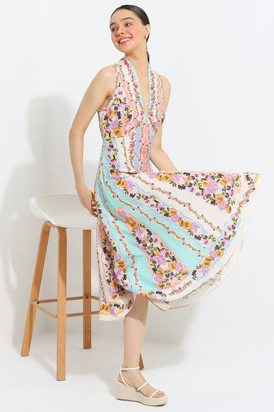 Simran Luthria in Aviva Halter Fit Flare Midi Dress