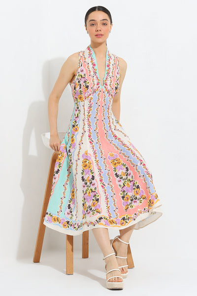 Simran Luthria in Aviva Halter Fit Flare Midi Dress