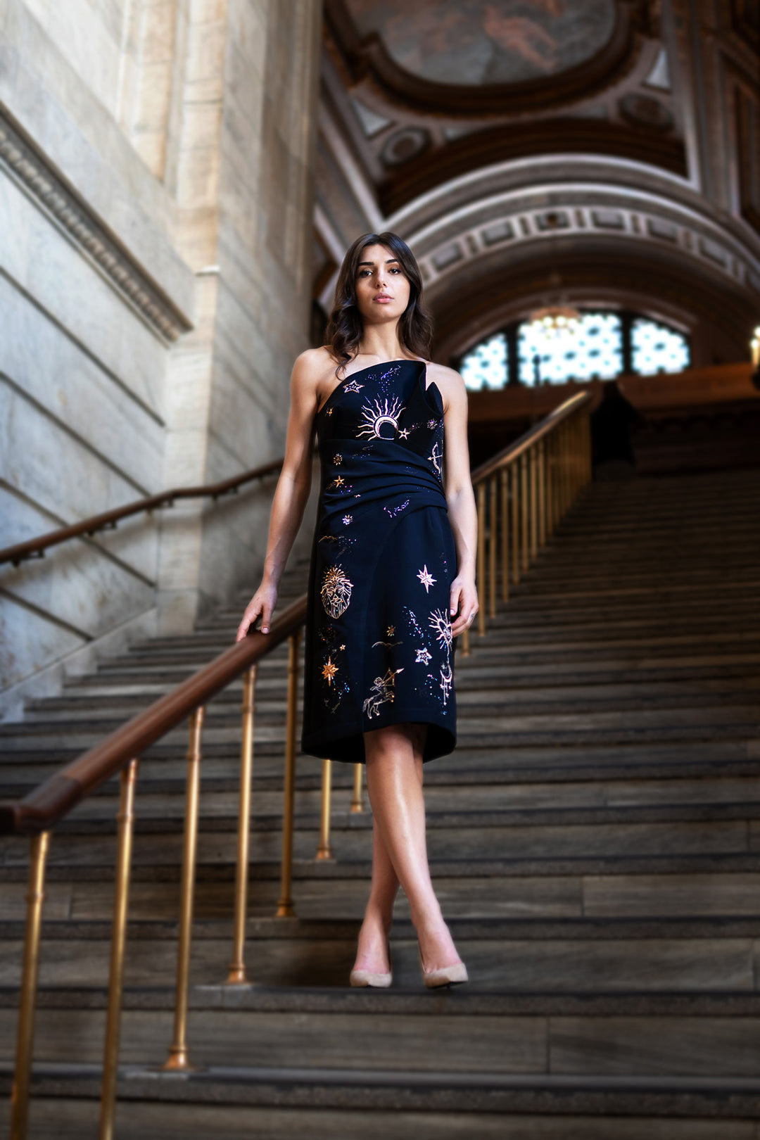 Orlisse Asymmetric Draped MIDI Dress