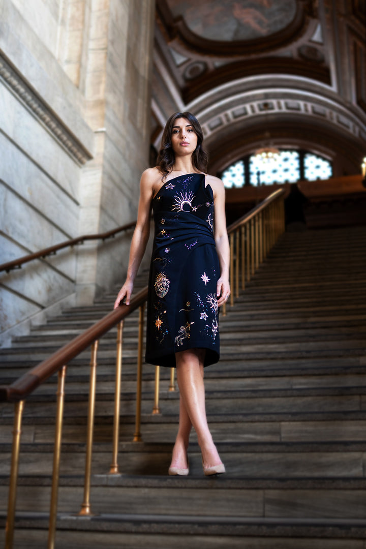 Orlisse Asymmetric Draped MIDI Dress