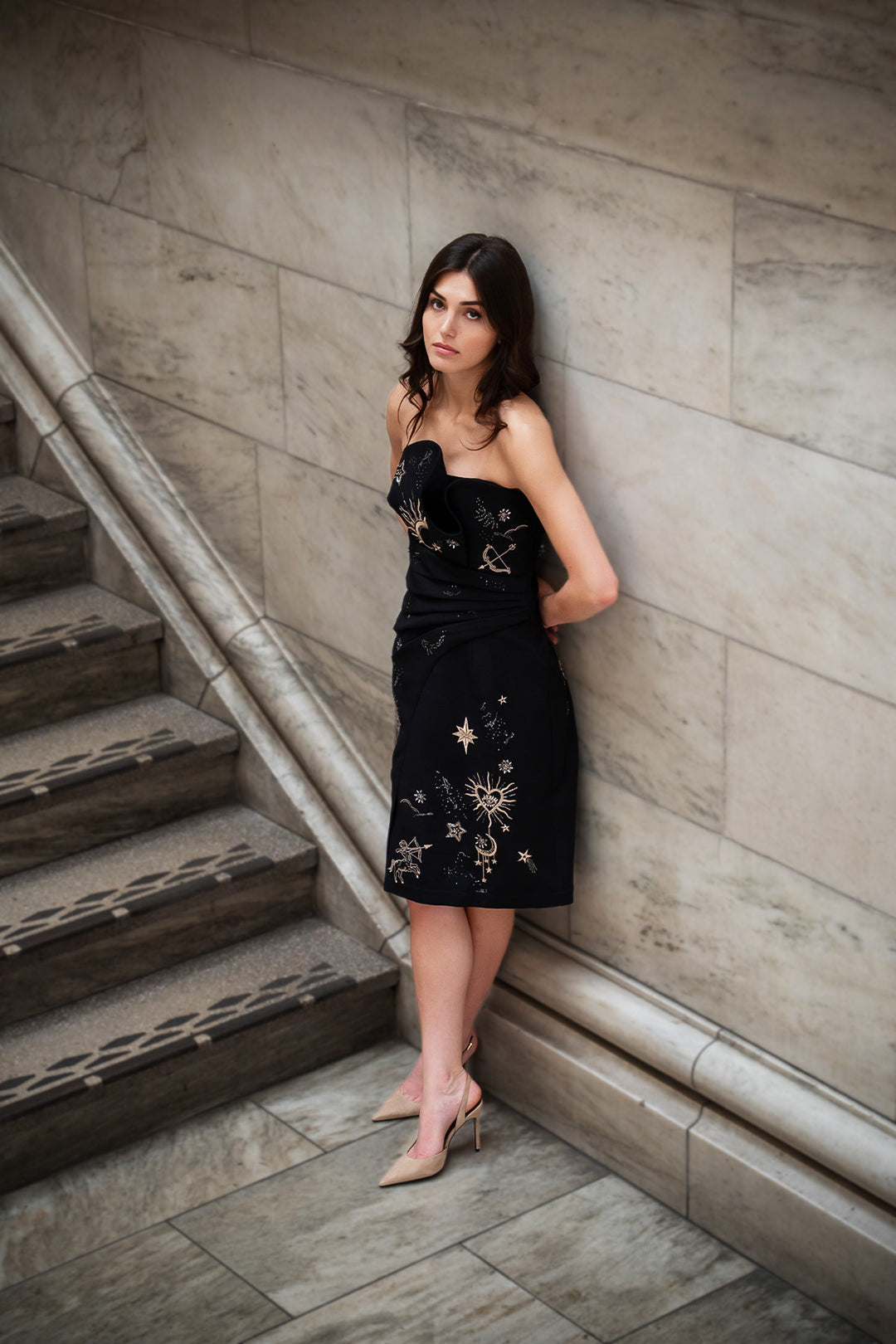 Orlisse Asymmetric Draped MIDI Dress