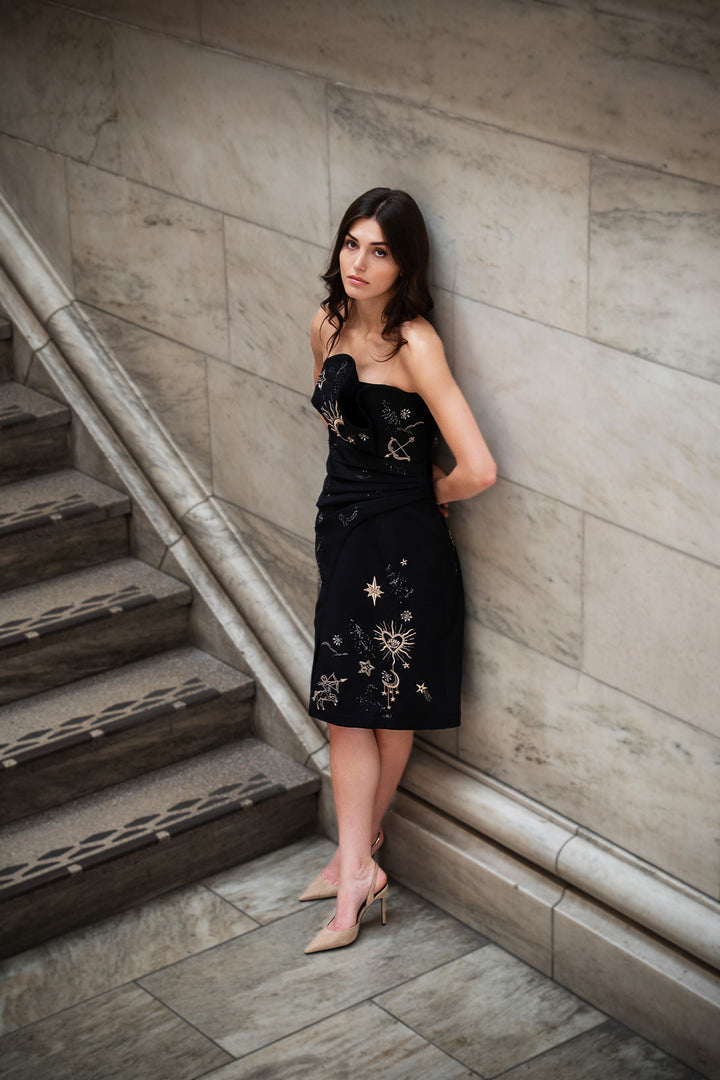 Orlisse Asymmetric Draped MIDI Dress