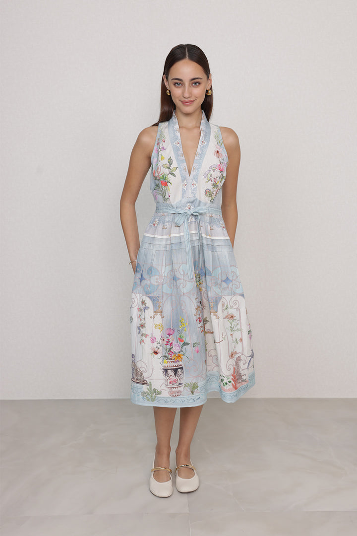 Ranna Gill Nysa Pleated Halter Midi Dress | Linen Viscose Designer Midi Dress