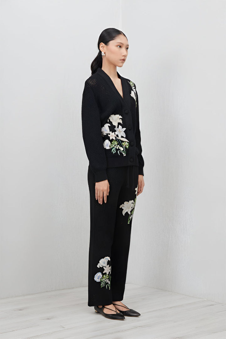 Ranna Gill Black knit embroidered floral co-ord set with button front top.