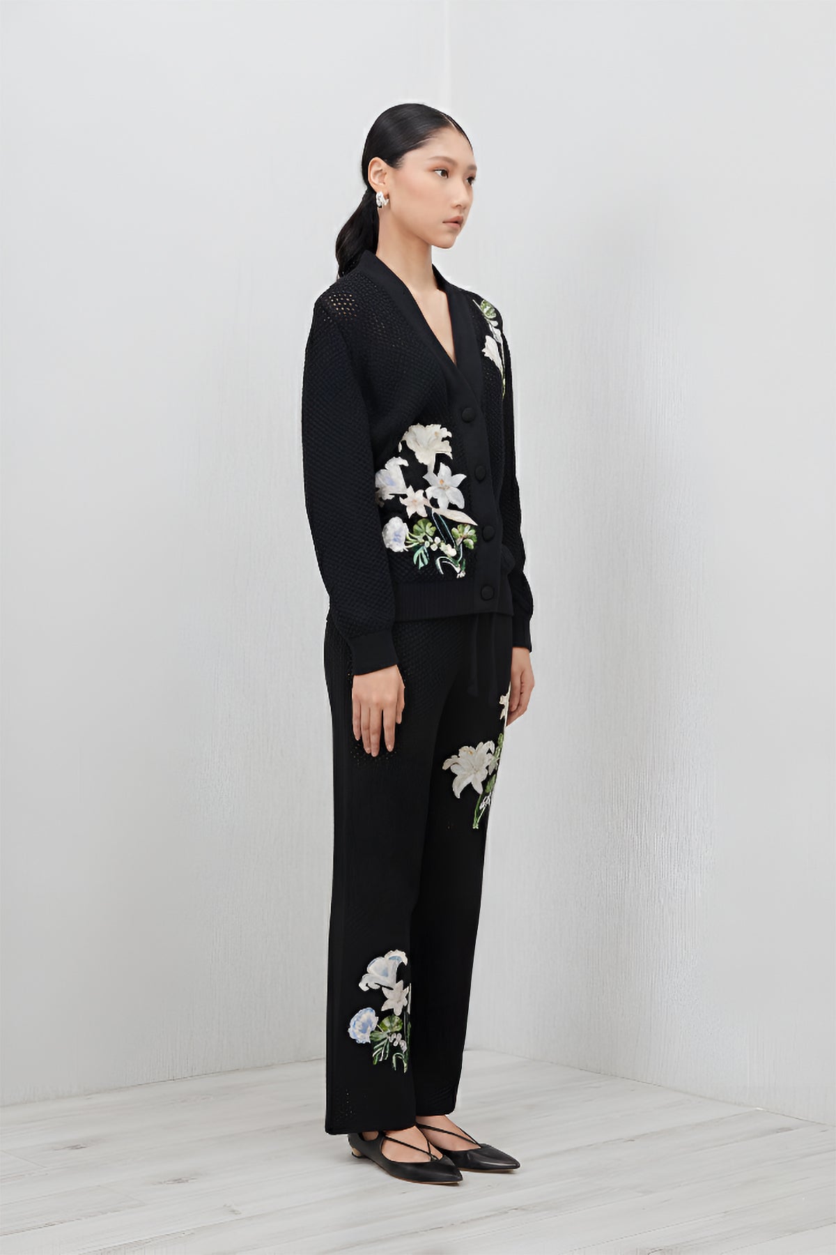 Ranna Gill Black knit embroidered floral co-ord set with button front top.