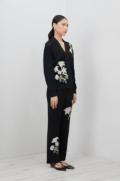 Ranna Gill Black knit embroidered floral co-ord set with button front top.