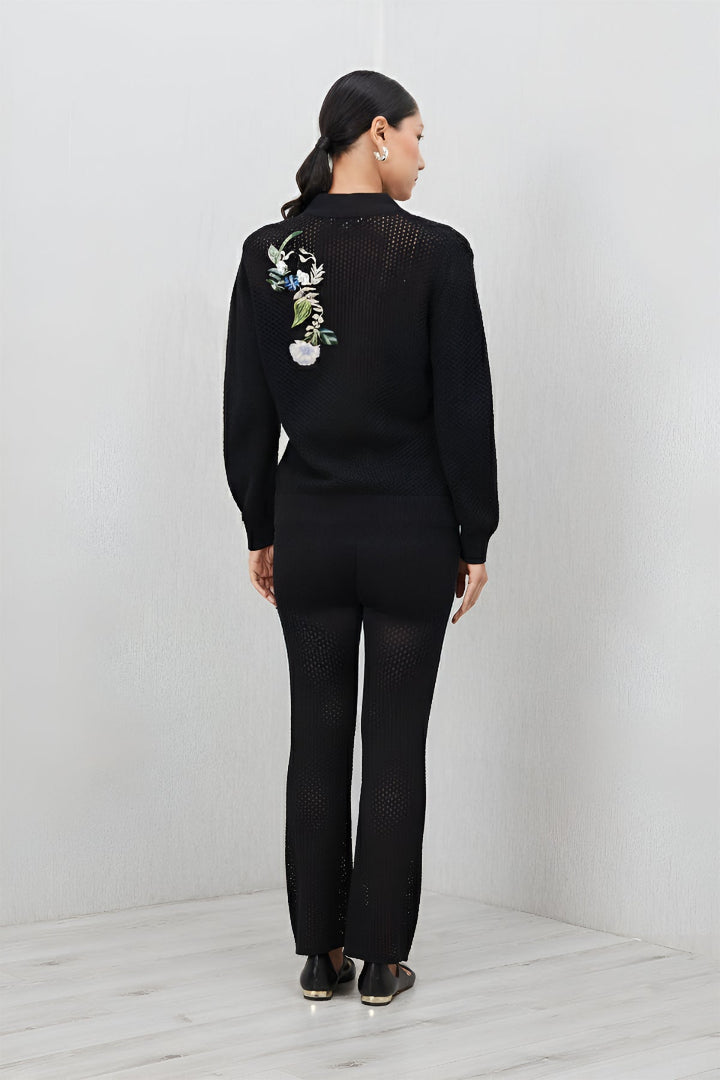 Ranna Gill Black knit embroidered floral co-ord set with button front top.
