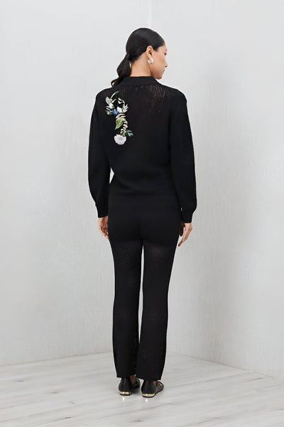 Ranna Gill Black knit embroidered floral co-ord set with button front top.