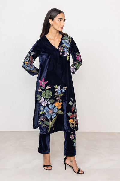 Ranna Gill Navy velvet embroidered floral tunic set.