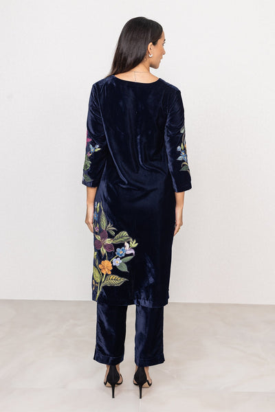 Ranna Gill Navy velvet embroidered floral tunic set.