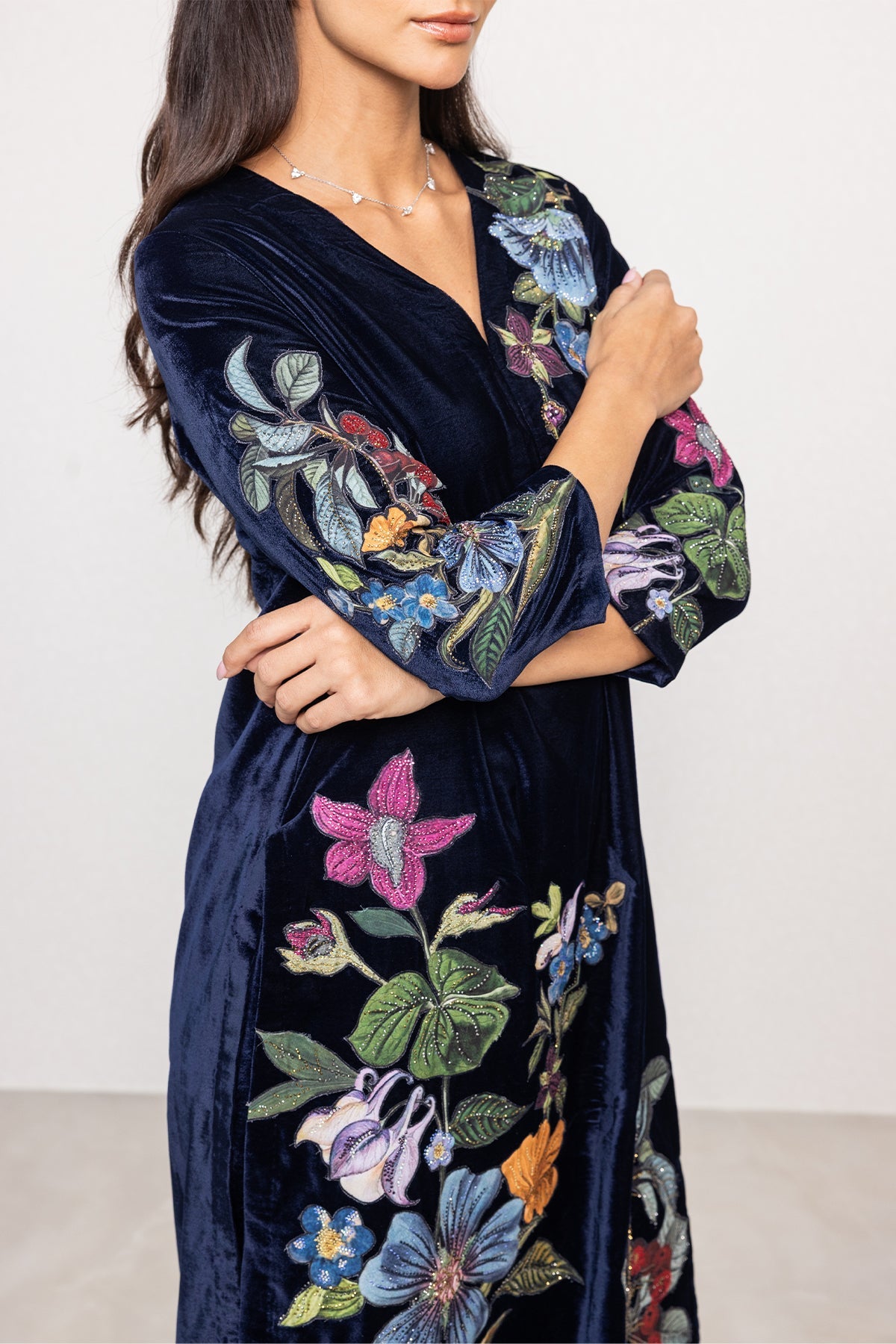 Ranna Gill Navy velvet embroidered floral tunic set.