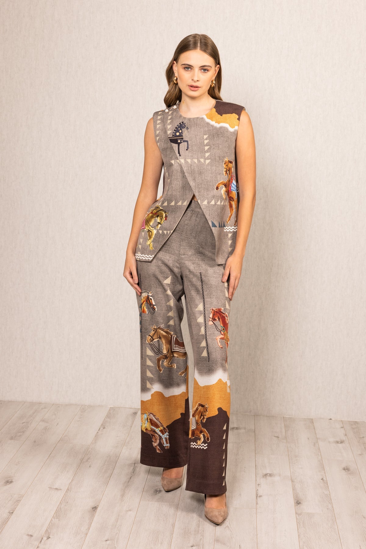 Ranna Gill Mustang Overlap Blouse multicolor with Irish Horse print, sleeveless, round neck and asymmetric overlap front