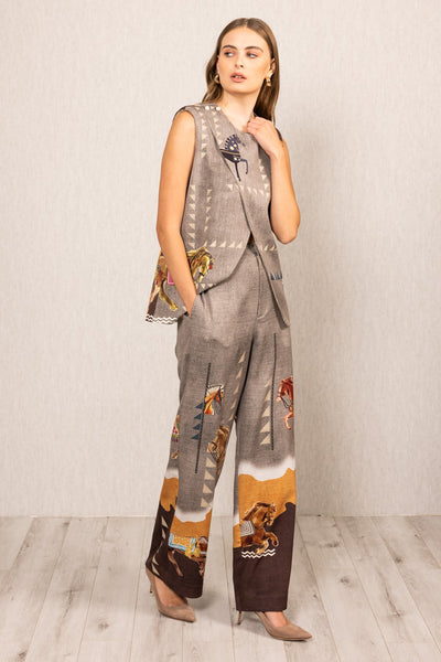 Ranna Gill multicolor crepe Mustang Overlap Blouse with Irish Horse print, sleeveless, round neck and asymmetric front.
