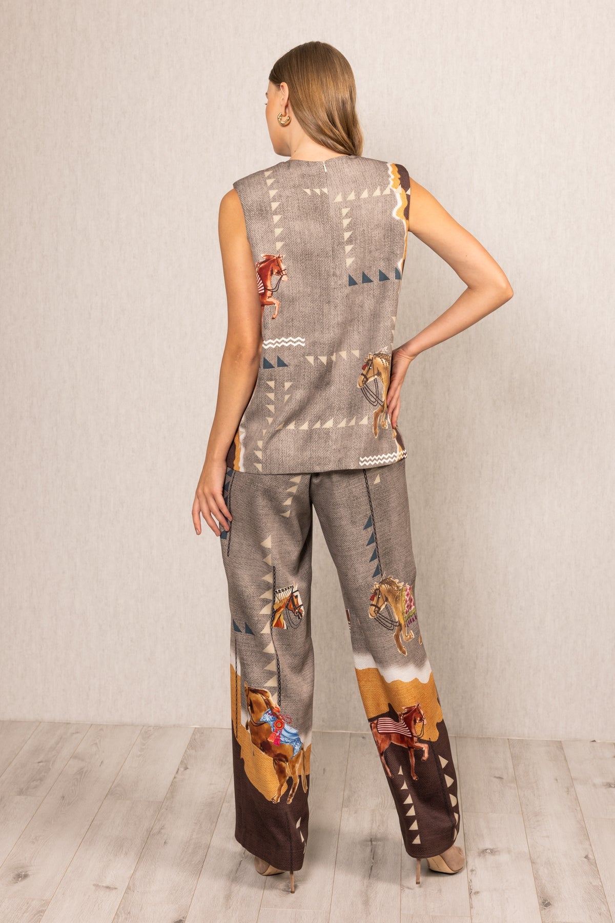 Ranna Gill multicolor crepe Mustang Overlap Blouse with Irish Horse print, sleeveless, round neck, asymmetric front
