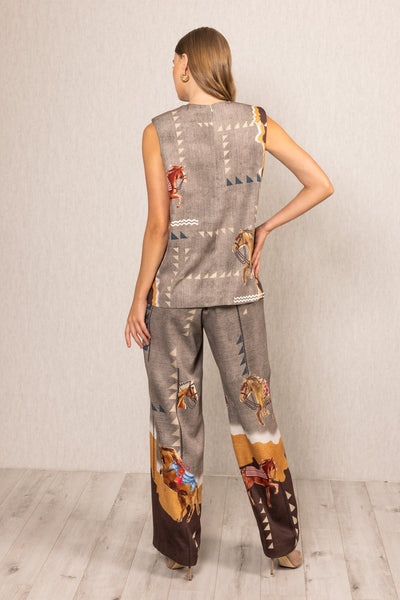 Ranna Gill multicolor crepe Mustang Overlap Blouse with Irish Horse print, sleeveless, round neck, asymmetric front
