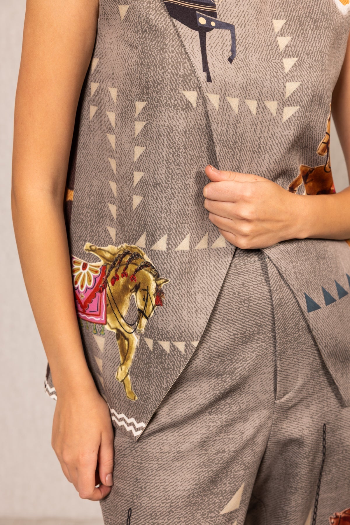 Ranna Gill multicolor crepe Mustang Overlap Blouse with Irish Horse print, sleeveless, round neck and asymmetric front.
