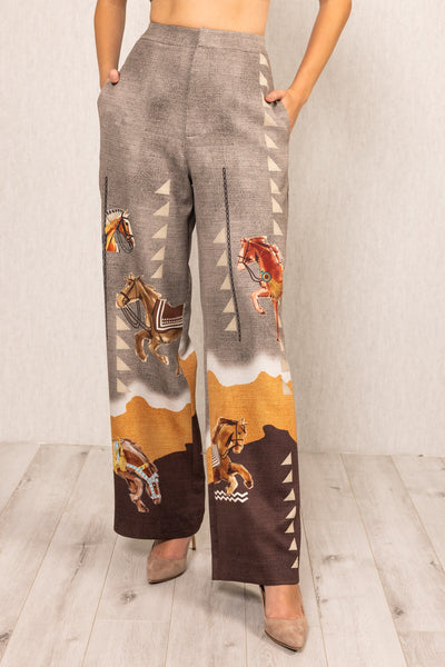 Ranna Gill Prance High Waisted Pants multicolor crepe with Irish Horse print and relaxed straight leg fit