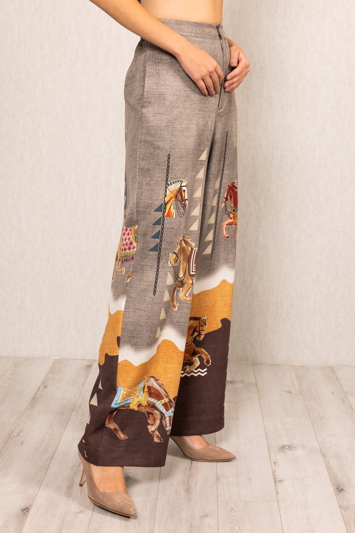 Ranna Gill Prance High Waisted Pants multicolor crepe with Irish Horse print and relaxed straight leg fit