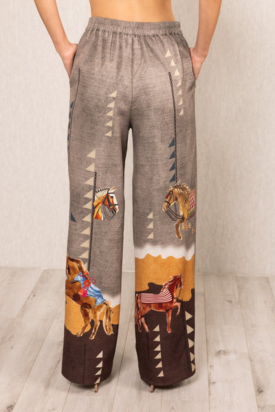 Ranna Gill Prance High Waisted Pants multicolor crepe with Irish Horse print and relaxed straight leg fit
