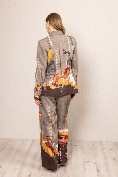 Ranna Gill Clyde Jacket in multicolour crepe with Irish Horse print and notched lapel.