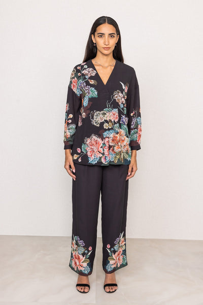 Ranna Gill Black Royal Georgette floral Designer co-ord set.