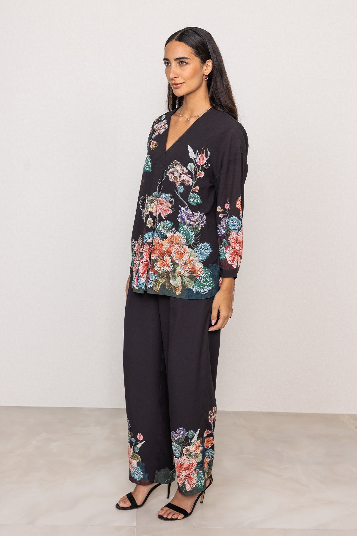 Ranna Gill Black Royal Georgette floral Designer co-ord set.