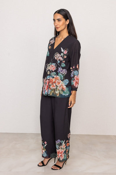 Ranna Gill Black Royal Georgette floral Designer co-ord set.