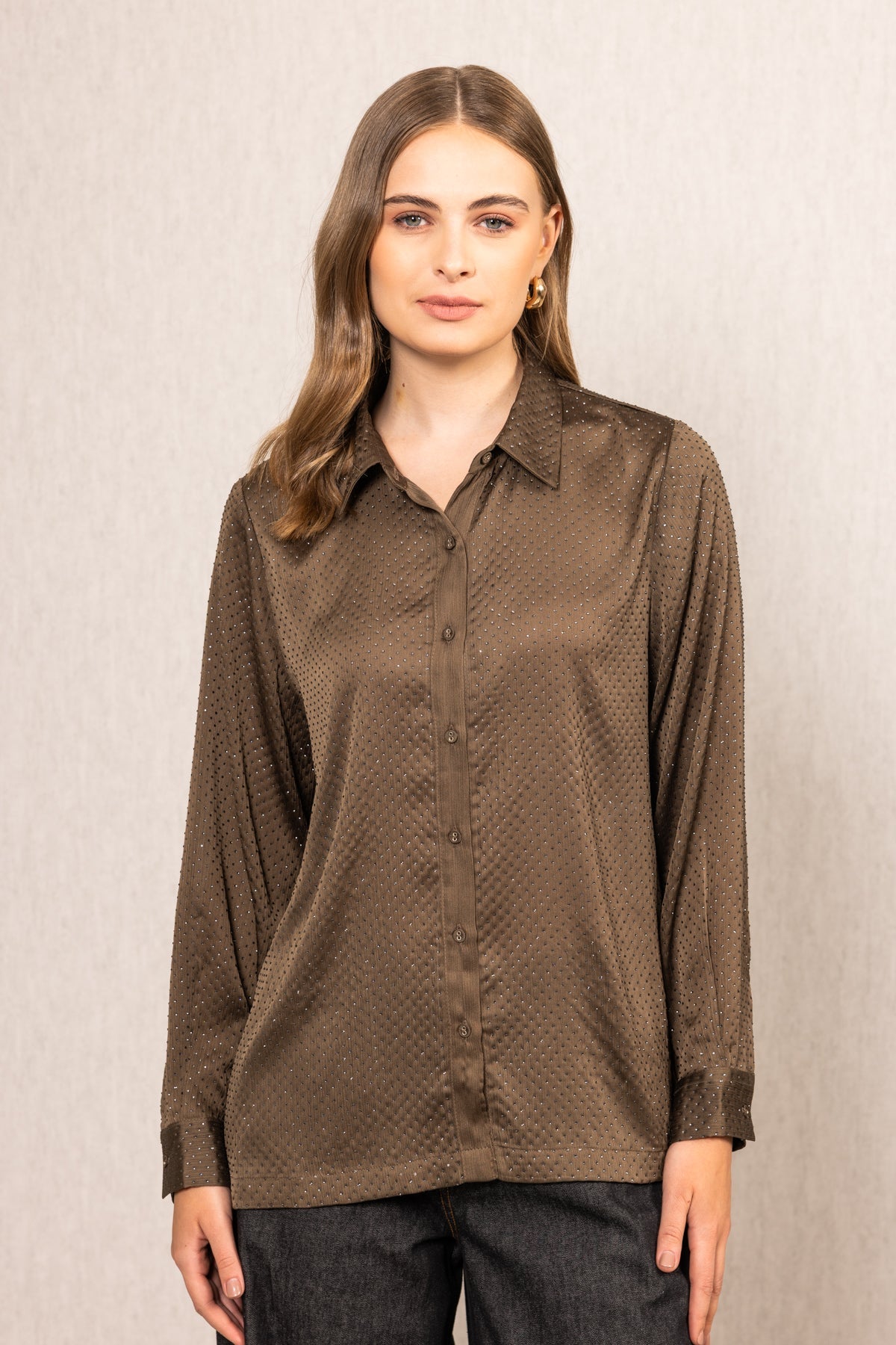 Ranna Gill Niam Buttondown Shirt in brown Royal Georgette with subtle crystal embroidery, classic collar and bishop sleeves