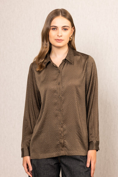 Ranna Gill Niam Buttondown Shirt in brown Royal Georgette with subtle crystal embroidery, classic collar and bishop sleeves