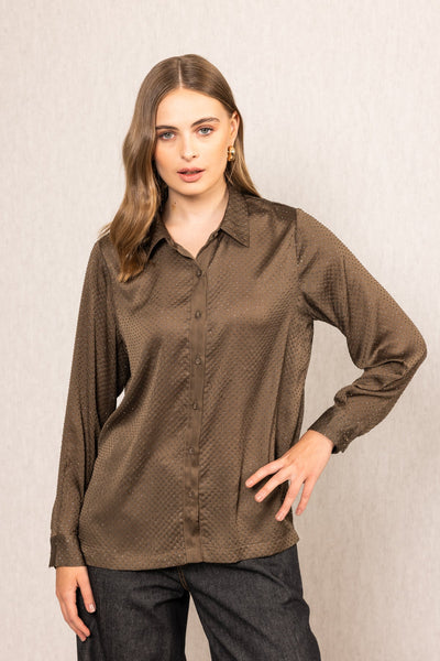 Ranna Gill Niam Buttondown Shirt in brown Royal Georgette with subtle crystal embroidery, classic collar and bishop sleeves