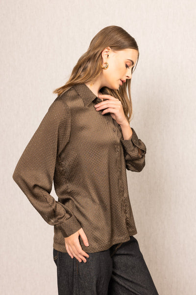 Ranna Gill Niam Buttondown Shirt in brown Royal Georgette with subtle crystal embroidery, classic collar and bishop sleeves