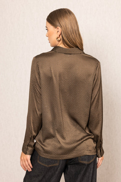 Ranna Gill Niam Buttondown Shirt in brown Royal Georgette with subtle crystal embroidery, classic collar and bishop sleeves