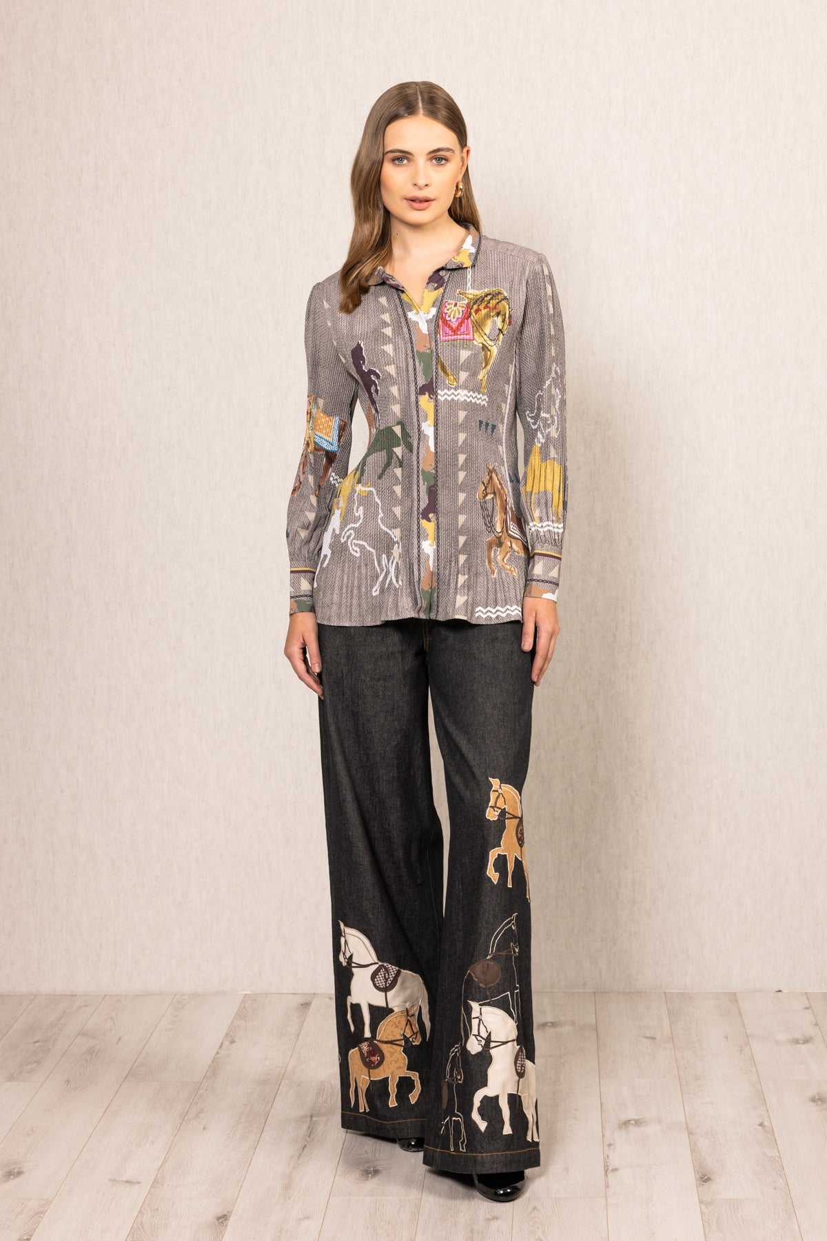 Ranna Gill Knight Pleated Shirt in multicolor crepe with Irish Horse print, soft pleats & buttoned cuffs
