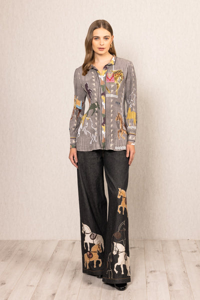 Ranna Gill Knight Pleated Shirt in multicolor crepe with Irish Horse print, soft pleats & buttoned cuffs