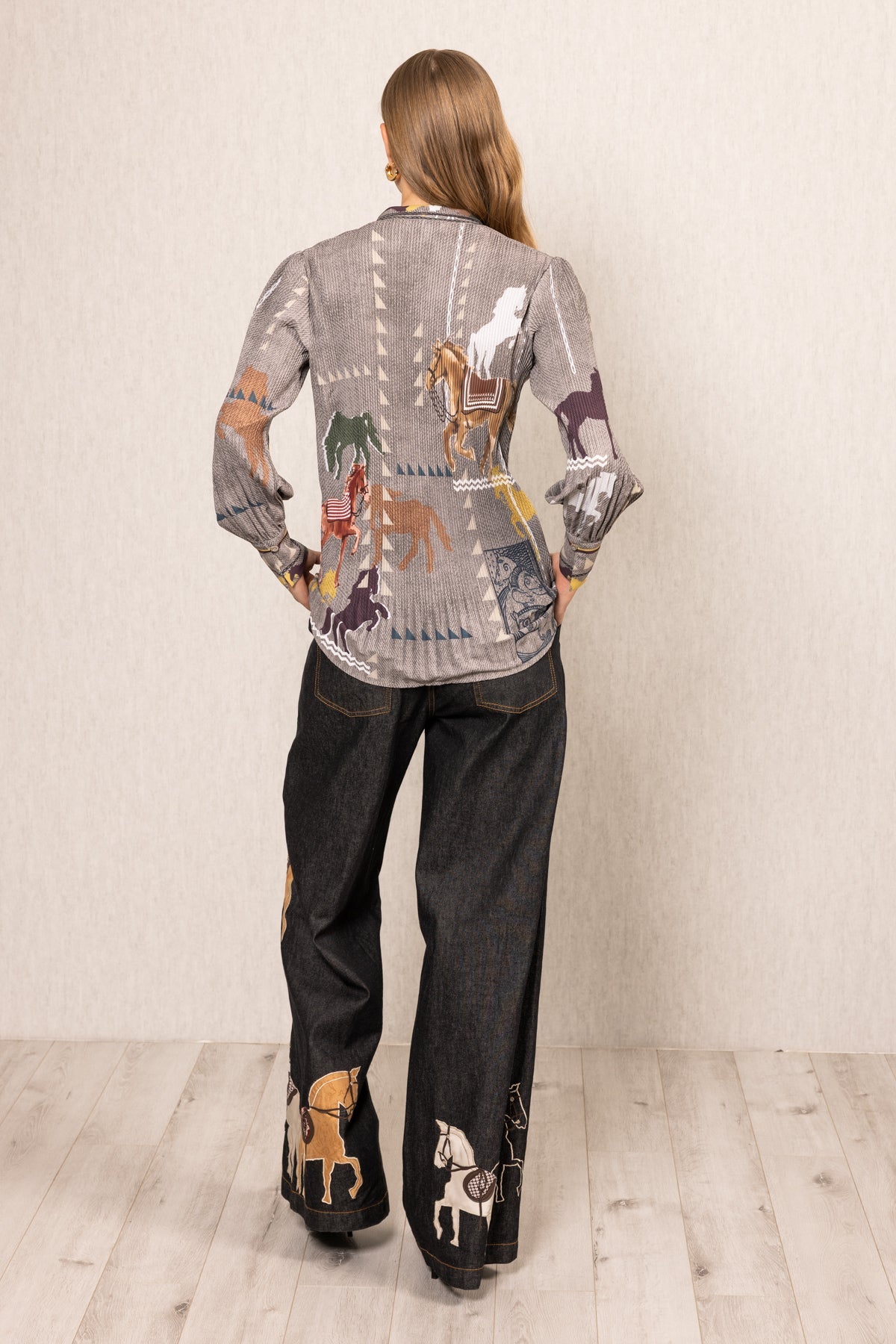 Ranna Gill Knight Pleated Shirt in multicolor crepe with Irish Horse print, soft pleats & buttoned cuffs