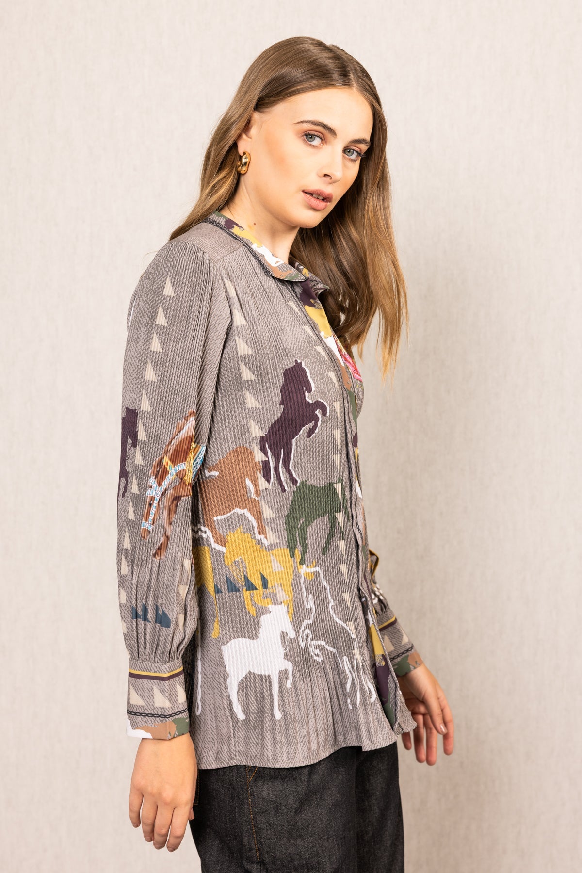 Ranna Gill Knight Pleated Shirt in multicolor crepe with Irish Horse print, soft pleats & buttoned cuffs