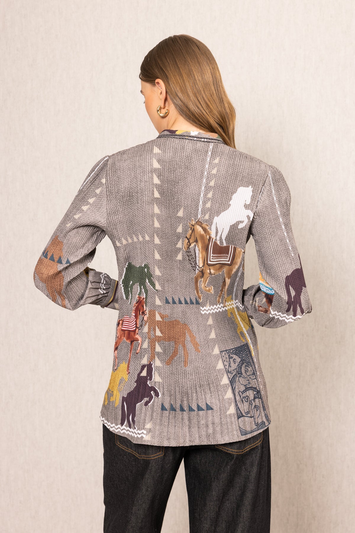 Ranna Gill Knight Pleated Shirt in multicolor crepe with Irish Horse print, soft pleats & buttoned cuffs