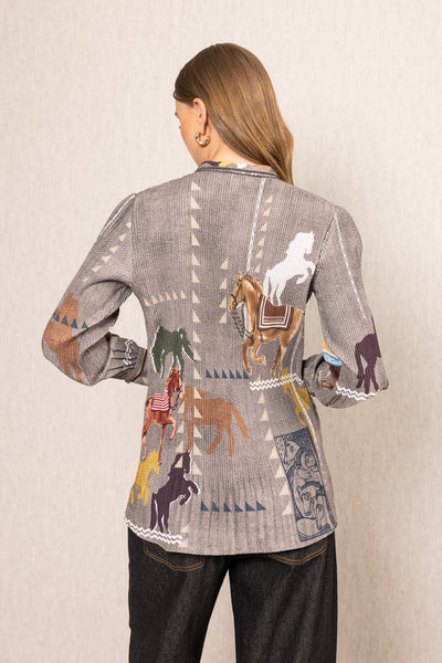 Ranna Gill Knight Pleated Shirt in multicolor crepe with Irish Horse print, soft pleats & buttoned cuffs