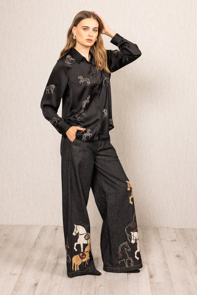 Ranna Gill Lyla Buttondown Shirt in black crinkle chiffon with crystal-studded horse embroidery.