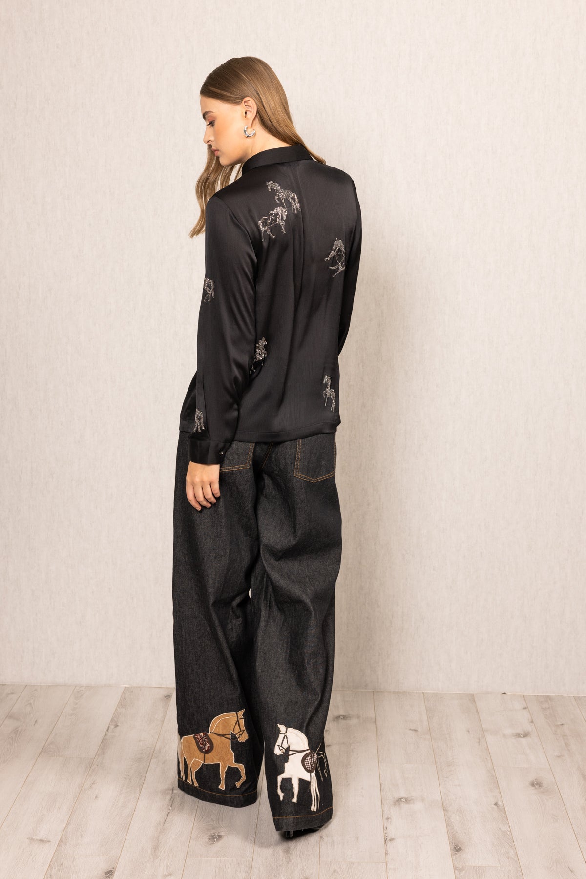 Ranna Gill Lyla Buttondown Shirt in black crinkle chiffon with crystal-studded horse embroidery.