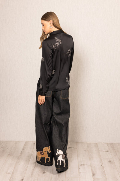 Ranna Gill Lyla Buttondown Shirt in black crinkle chiffon with crystal-studded horse embroidery.