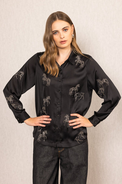 Ranna Gill Lyla Buttondown Shirt in black crinkle chiffon with crystal-studded horse embroidery
