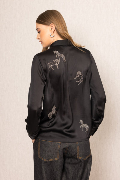 Ranna Gill Lyla Buttondown Shirt in black crinkle chiffon with crystal-studded horse embroidery.