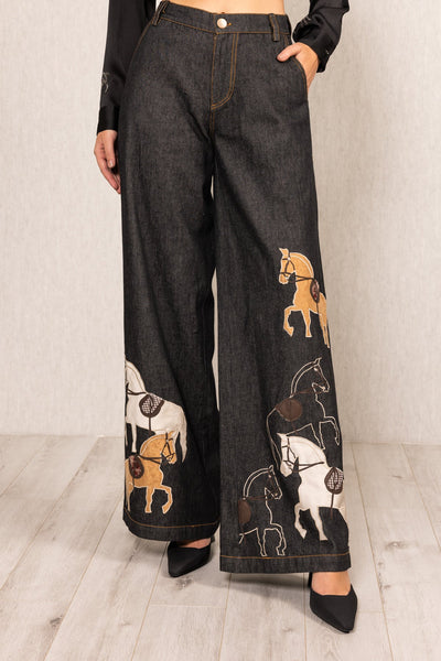Ranna Gill Fable Wide Leg Jeans in black denim with horse applique embroidery