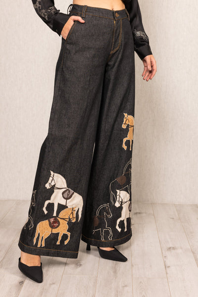 Ranna Gill Fable Wide Leg Jeans in black denim with horse applique embroidery
