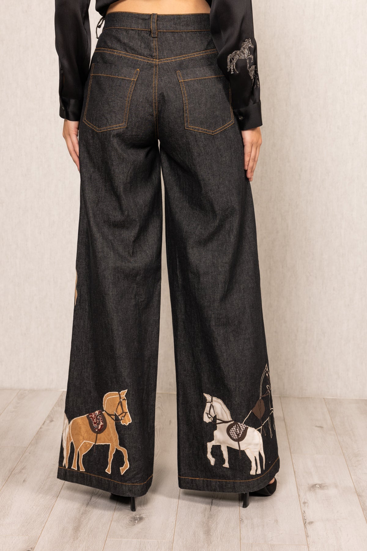 Ranna Gill Fable Wide Leg Jeans in black denim with horse applique embroidery
