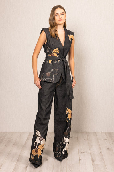 Ranna Gill Vega Belted Waist Coat in black denim with horse embroidery and tie-up belt.