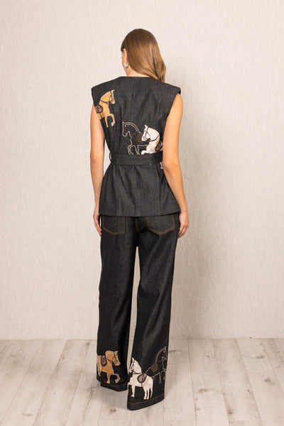 Ranna Gill Vega Belted Waist Coat in black denim with horse embroidery and tie-up belt.