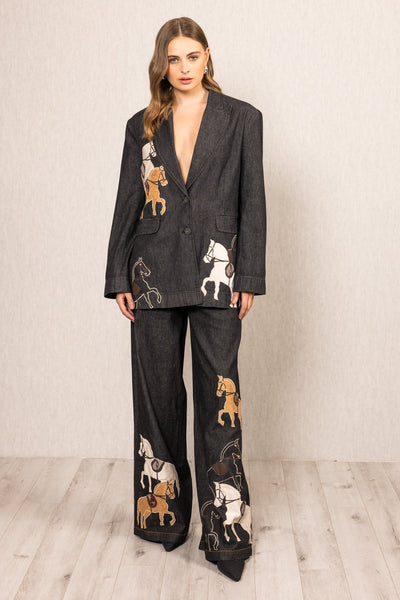 Ranna Gill Fable Wide Leg Jeans in black denim with horse applique embroidery
