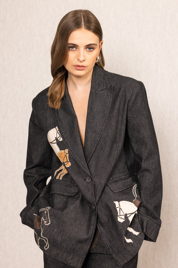 Ranna Gill Nimbus Oversized Jacket – black denim with horse applique embroidery, relaxed oversized fit